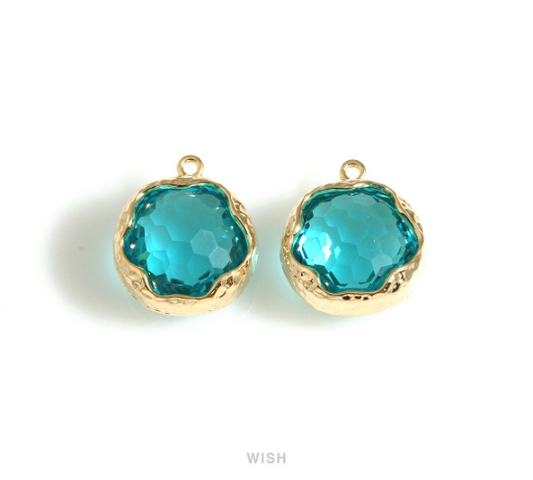 Blue Zircon Faceted Glass Charms in Gold, Framed Round Pendant / GBZG-090-P (Small)
