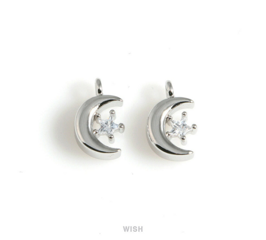 Crescent Charm with Star Cubic Zirconia in Rhodium, Celestial Charm /CRH-081-P