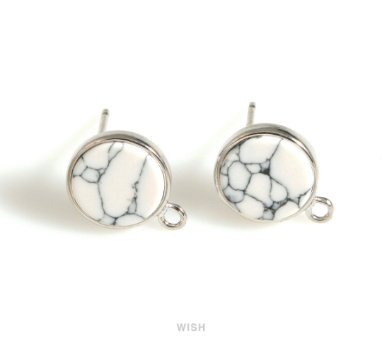 Howlite Round Stone Stud Earrings in Rhodium, Circle Gemstone Stud Earrings / SHTRH-058-E