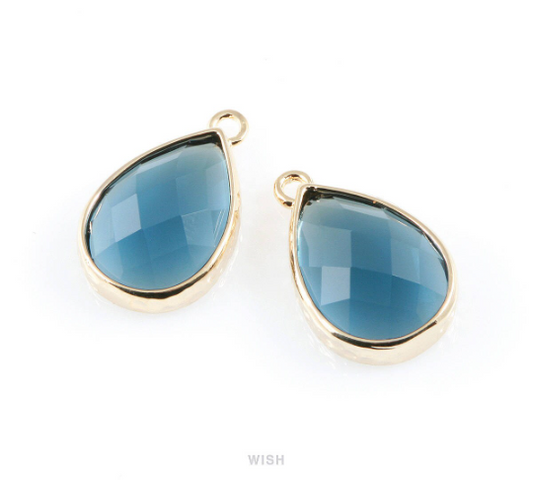 Montana Blue Teardrop Glass Charm in Gold, Framed Drop Glass Gem / GMBG-037-P