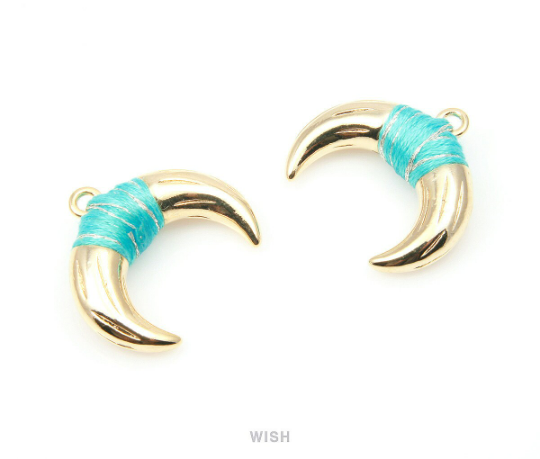 Metal Horn Pendant in Gold with Mint Strap, 16k Gold Bull's Horn Charm/ MMTG-004-P (Large)