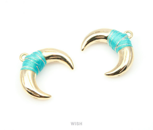 Metal Horn Pendant in Gold with Mint Strap, 16k Gold Bull's Horn Charm/ MMTG-004-P (Large)