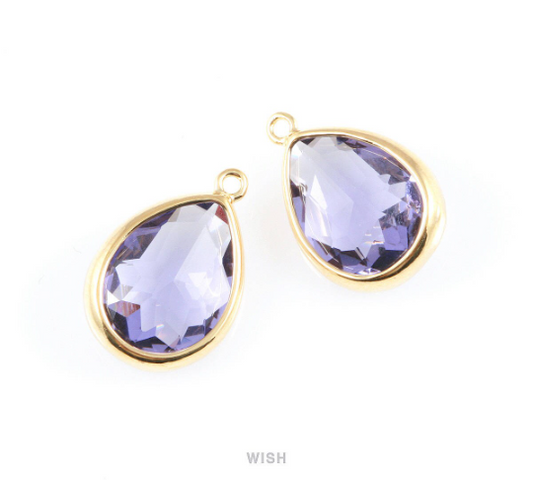 Amethyst Teardrop Glass Charm in Gold, Framed Drop Glass Gem / GTZG-016-P