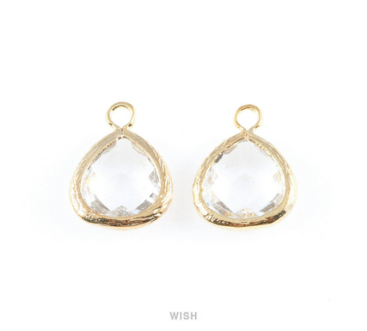 Clear Faceted Glass Charm in Gold, Framed Drop Glass Bead /GCLG-003-P (Small)