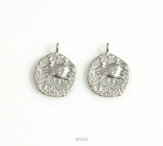 Crab on Hammered Circle Charm in Matte Rhodium, Cancer on Circle Pendant / MMRH-676-P