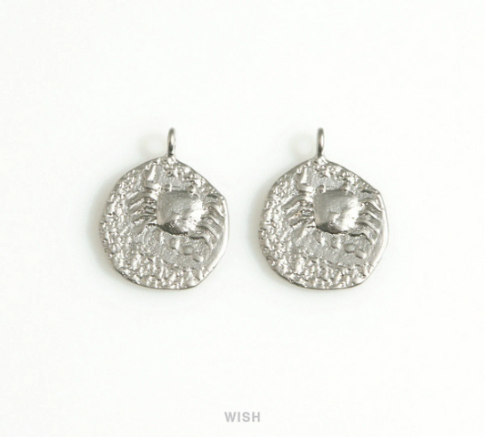 Crab on Hammered Circle Charm in Matte Rhodium, Cancer on Circle Pendant / MMRH-676-P