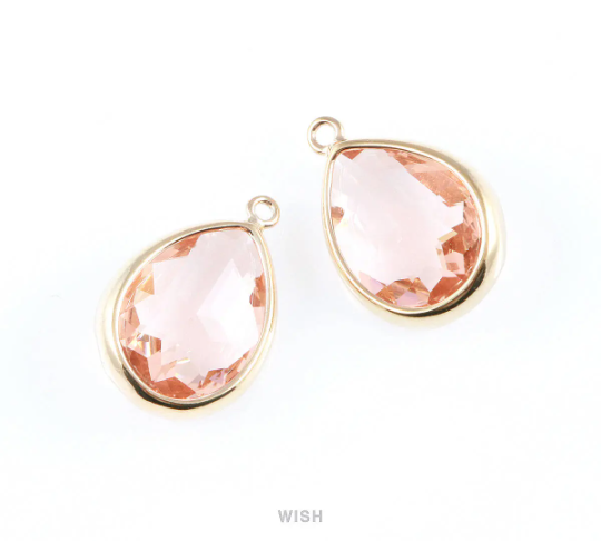 Peach Teardrop Glass Charm in Gold, Framed Drop Glass Gem / GPCG-016-P