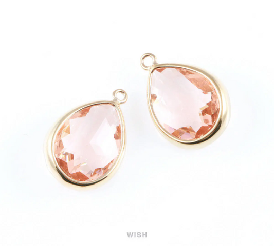 Peach Teardrop Glass Charm in Gold, Framed Drop Glass Gem / GPCG-016-P