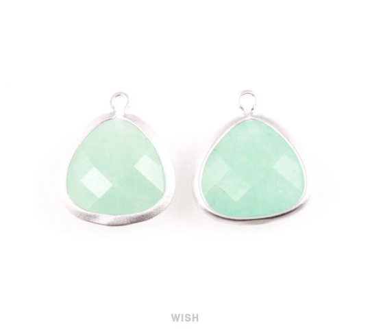 Mint Faceted Stone Charms in Matte Rhodium, Framed Triangle Pendants / SMTMRH-029-C