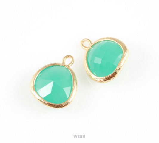 Mint Faceted Glass Charm in Gold, Framed Drop Glass Gem / GMTG-004-P (Medium)