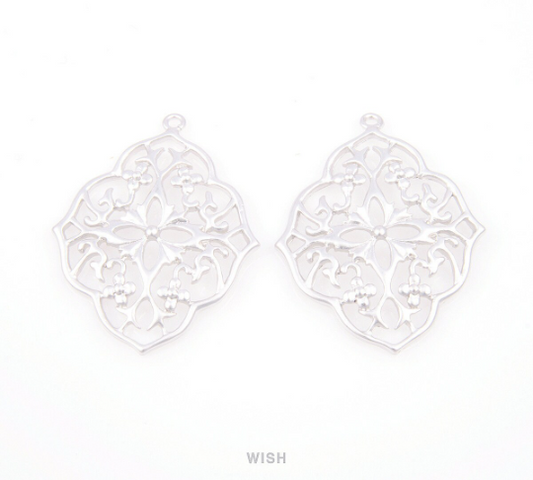 Floral Shield Pendants in Matte Rhodium, Oriental Floral Charm / MMRH-057-P