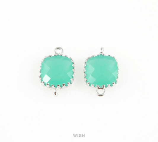 Mint Faceted Square Glass Connector in Rhodium, Framed Square Connector / GMTRH-007-P