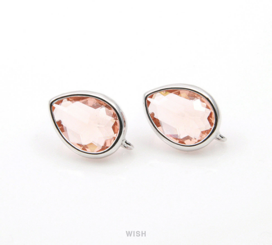 Peach Teardrop Glass stud Earrings in Rhodium, Gem Ear Studs/ GPCRH-099-E