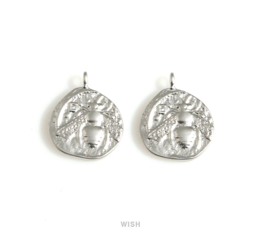 Honey Bee on Hammered Coin Pendants in Matte Rhodium, Honey Bee Coin Charms / MMRH-701-P