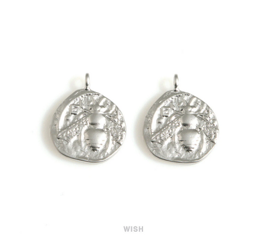 Honey Bee on Hammered Coin Pendants in Matte Rhodium, Honey Bee Coin Charms / MMRH-701-P