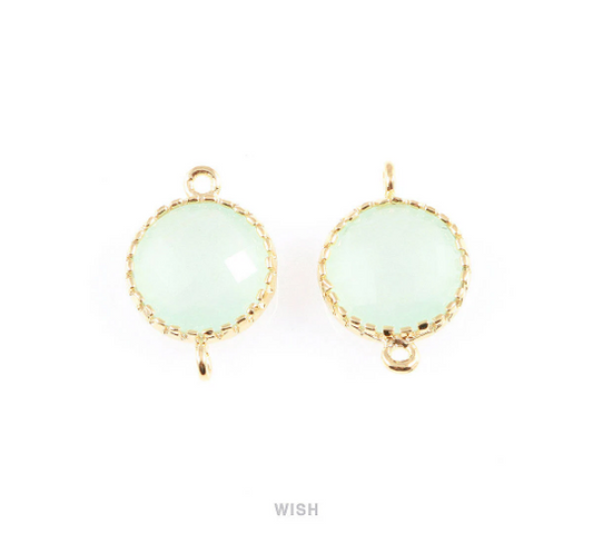 Light Mint Faceted Glass Connector in Gold, Framed Round Connector / GLMG-008-P