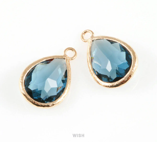 Montana Blue Teardrop Glass Charm in Gold, Framed Drop Glass Gem / GMBG-005-P