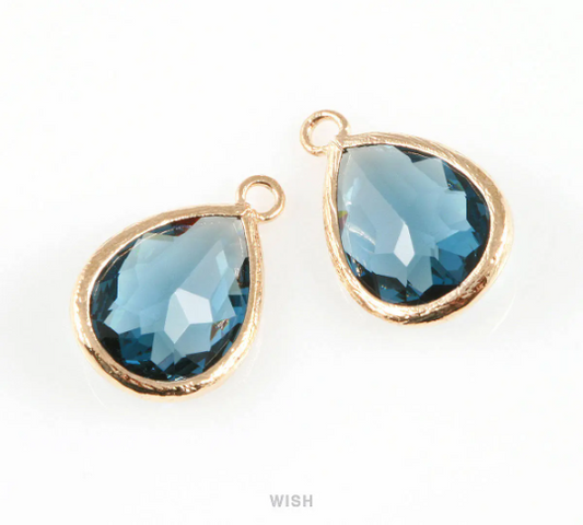 Montana Blue Teardrop Glass Charm in Gold, Framed Drop Glass Gem / GMBG-005-P