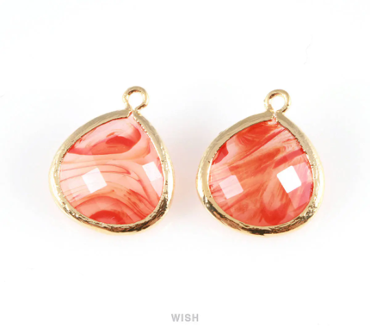 Red Marble Faceted Glass Charm in Gold, Framed Drop Glass Bead / GRMG-001-P (Large)