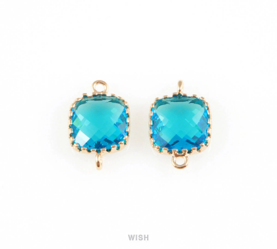 Capri Blue Faceted Glass Connector in Gold, Framed Square Connector / GCBG-007-P