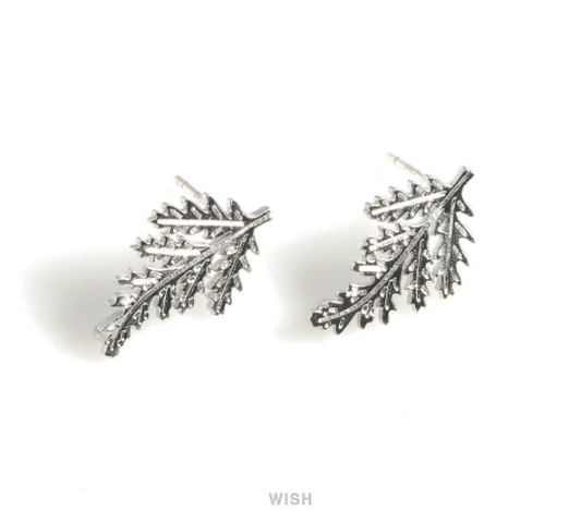 Fir Tree Stud Earrings in Matte Rhodium, Fir Tree Branch Ear Studs / MMRH-559-E