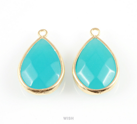 Ocean Blue Faceted Synthetic Stone Charms in Matte Gold, Framed Teardrop Pendant / SOBMG-010-P