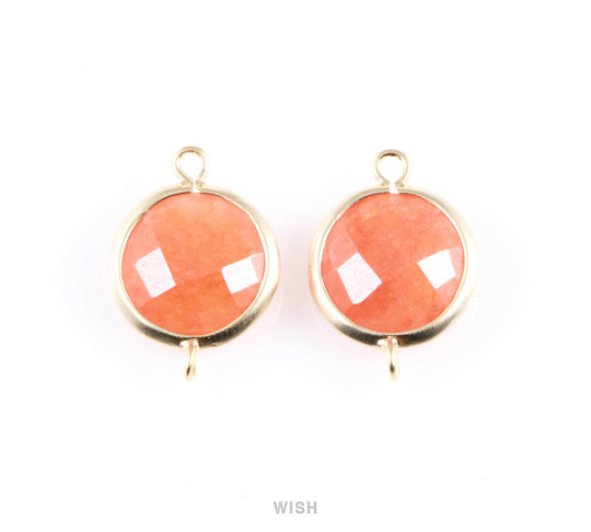 Amber Color Faceted Stone Charms in Matte Gold, Framed Round Connectors / SAMMG-028-C