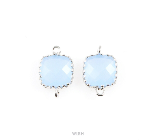 Ice Blue Faceted Glass Connector in Rhodium, Framed Square Connector / GIBRH-007-P