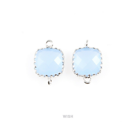 Ice Blue Faceted Glass Connector in Rhodium, Framed Square Connector / GIBRH-007-P