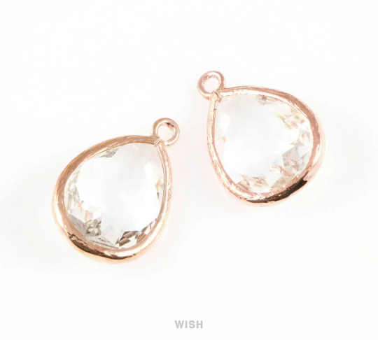 2pcs Clear Teardrop Glass Charm in Rose Gold, Framed Drop Glass Gem /GCLRG-005-P