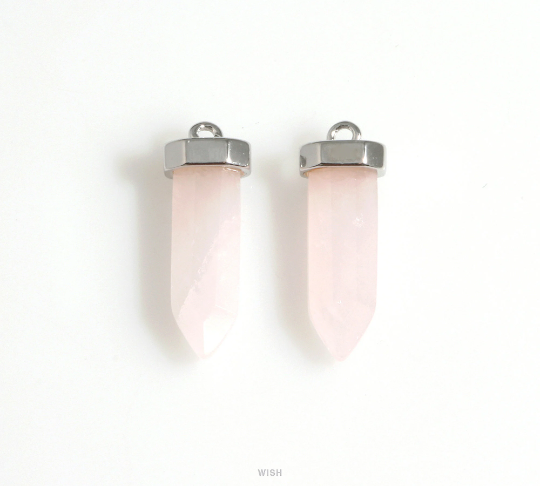 Rose Quartz Point Gemstone Charm in Rhodium, Rose Quartz Point Gemstone Pendant / SRQRH-106-P