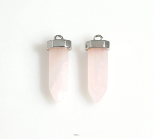 Rose Quartz Point Gemstone Charm in Rhodium, Rose Quartz Point Gemstone Pendant / SRQRH-106-P