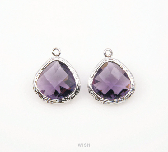 Amethyst Faceted Glass Drop Charm in Rhodium, Amethyst Charms / GTZRH-036-P
