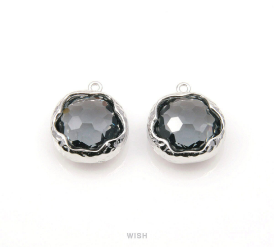 Charcoal Faceted Glass Charms in Rhodium, Framed Round Pendant /GCCRH-090-P (Small)