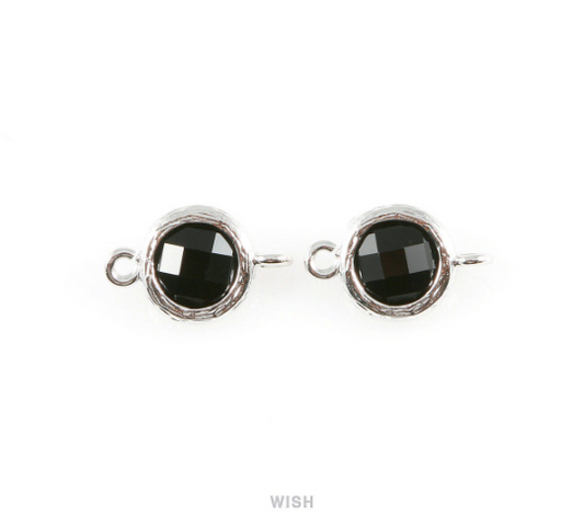 Jet Black faceted Glass Connector in Rhodium, Framed Round Glass Bead / GJTRH-015-P
