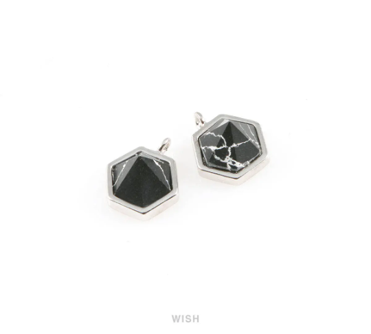 Black Marble Hexagone Stone Charm in Rhodium, Gemstone Framed Pendant / SBMRH-066-P