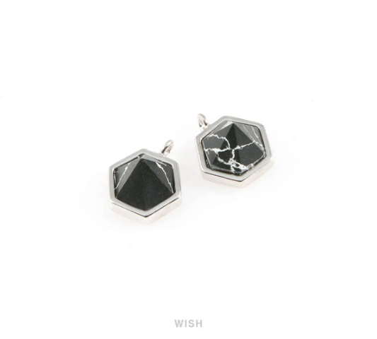 Black Marble Hexagone Stone Charm in Rhodium, Gemstone Framed Pendant / SBMRH-066-P