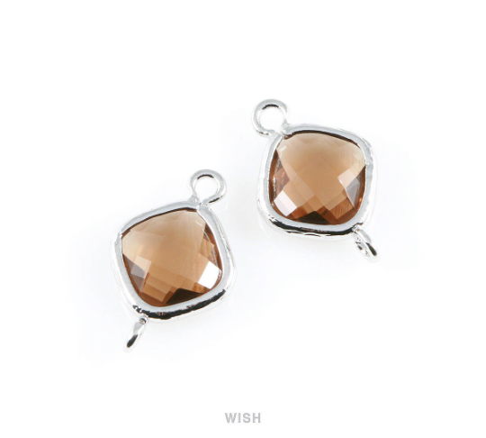 Smoky Quartz Rhombus Glass Connector in Rhodium, Framed Rhombus Connector / GSQRH-021-P
