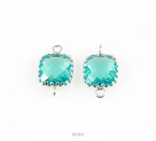 Aquamarine Faceted Glass Connector in Rhodium, Framed Square Connector / GAQRH-007-P