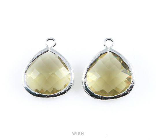 Olivine Faceted Glass Charm in Rhodium, Framed Drop Glass Bead / GOVRH-001-P (Large)