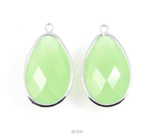 Light Mint Oval Glass Charm in Rhodium, Glass Framed Pendant / GLMRH-045-P