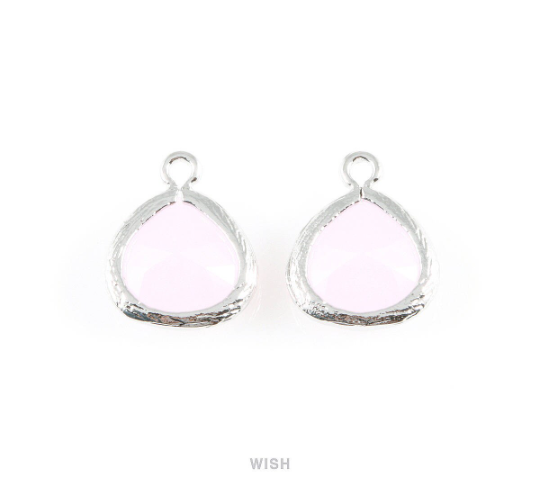 Rose Quartz Faceted Glass Charm in Rhodium, Framed Glass Gem / GRQRH-003-P (Small)