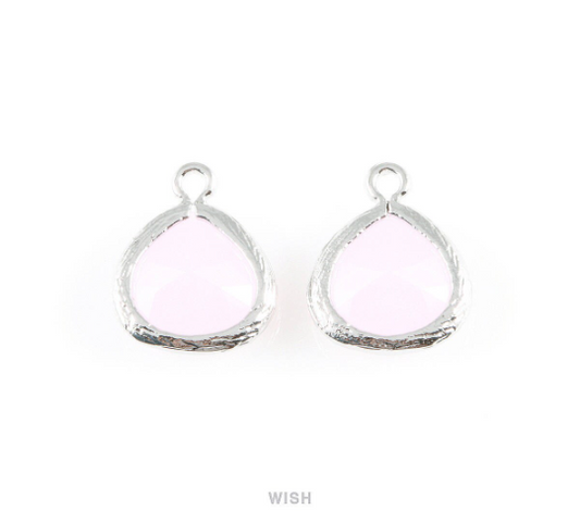 Rose Quartz Faceted Glass Charm in Rhodium, Framed Glass Gem / GRQRH-003-P (Small)