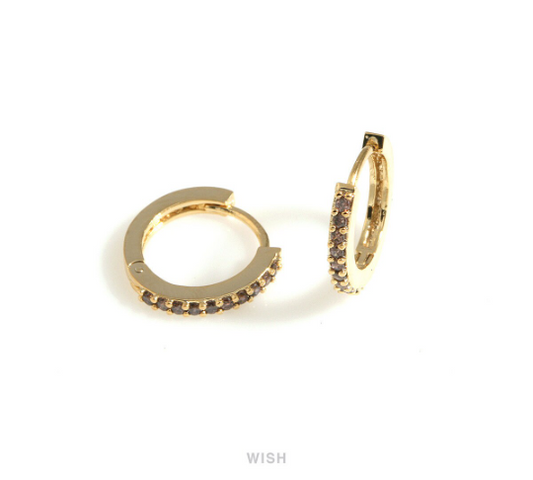 Charcoal CZ Latch Back Huggie Hoop Earrings in Gold, Charcoal CZ Huggie Earrings / CG-083-E3