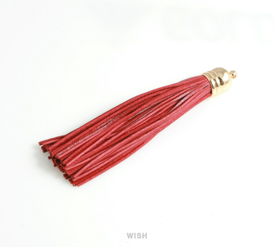 Red Leather Tassel with Bell Cap in Gold, Red Cowhide Tassel / LRDG-006-T (1 piece)