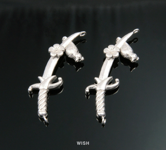 Flower and Sparrow on Sword Pendants in Matt Rhodium, Silver Sword Charm / MMRH-346-P