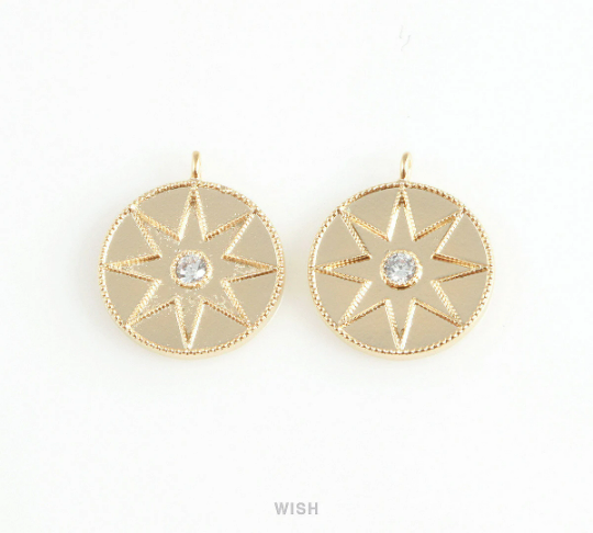 Star Disc with Cubic Zirconia Pendant in Matt Gold, Star Coin Charm /  MMG-413-P