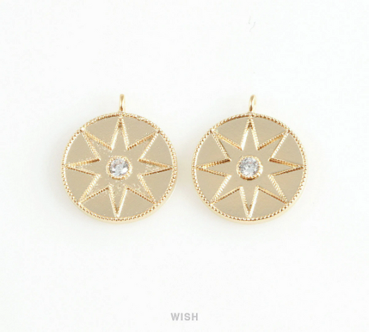 Star Disc with Cubic Zirconia Pendant in Matt Gold, Star Coin Charm /  MMG-413-P