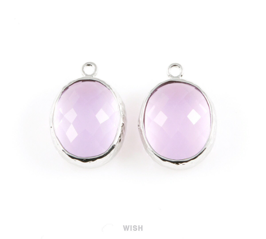 Light Amethyst Faceted Glass Charms in Rhodium, Framed Oval Pendant / GLDRH-009-P
