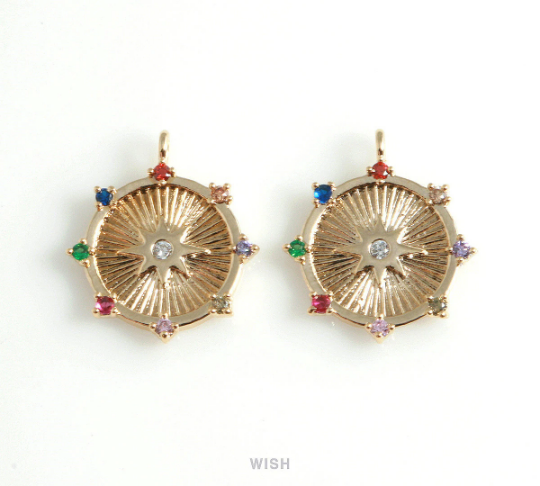 Gold Star Shine Disc with Multi Color Birthstones, Star Shine Coin /MG-429-P